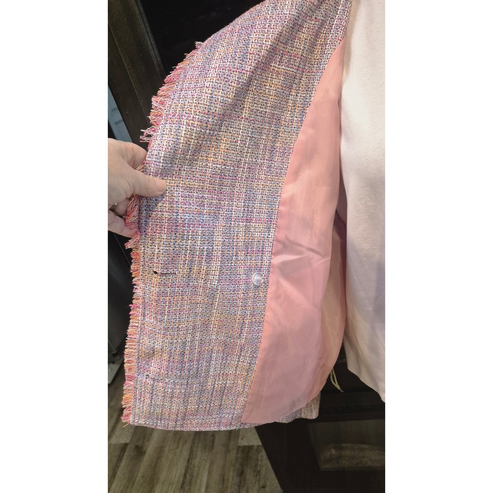 Tweed Fringe Blazer & Pink Tank Set‎ Chic Workwear Outfit Multicolor Jacket 12 - Picture 9 of 17